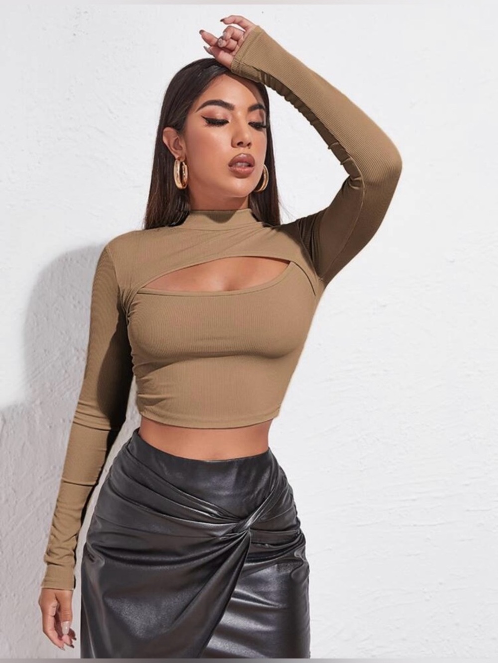 SHEIN Mock Neck Cut-Out Rib Knit Crop Top, Mocha Brown, Size XS, NWOT